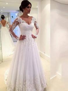 Ball Gown V-neck Long Sleeves Lace Court Train Tulle Wedding Dress