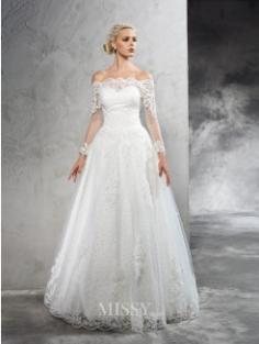 Off-the-Shoulder Long Sleeves Lace Floor-Length Net Wedding Dresses
