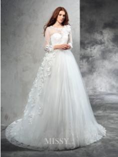 Ball Gown Sheer Neck Long Sleeves Hand-Made Flower Court Train Net Wedding Dresses
