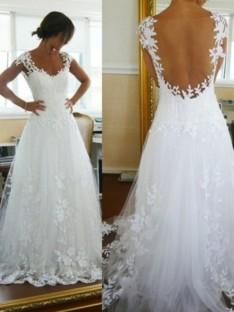 A-Line/Princess V-neck Sweep/Brush Train Lace Sleeveless Tulle Wedding Dress