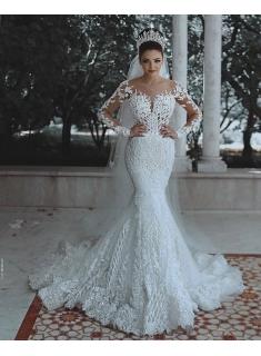 Luxury Brautkleider Spitze Weiße Hochzeitskleider Mit Ärmel Schleier