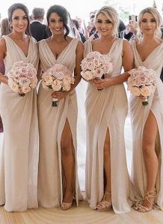 Simple Chiffon Long Bridesmaid Dresses | V-Neck Sleeveless Side-Slit Prom Dresses | www.babyonlinewholesale.com