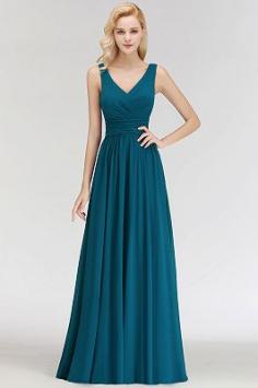 NORA | A-line V-neck Sleeveless Floor Length Ruffles Chiffon Bridesmaid Dresses | www.babyonlinewholesale.com