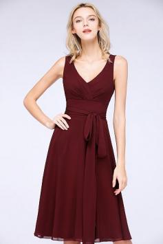 Burgundy Chiffon V-Neck Bridesmaid Dresses With Bow Sash | BmBridal